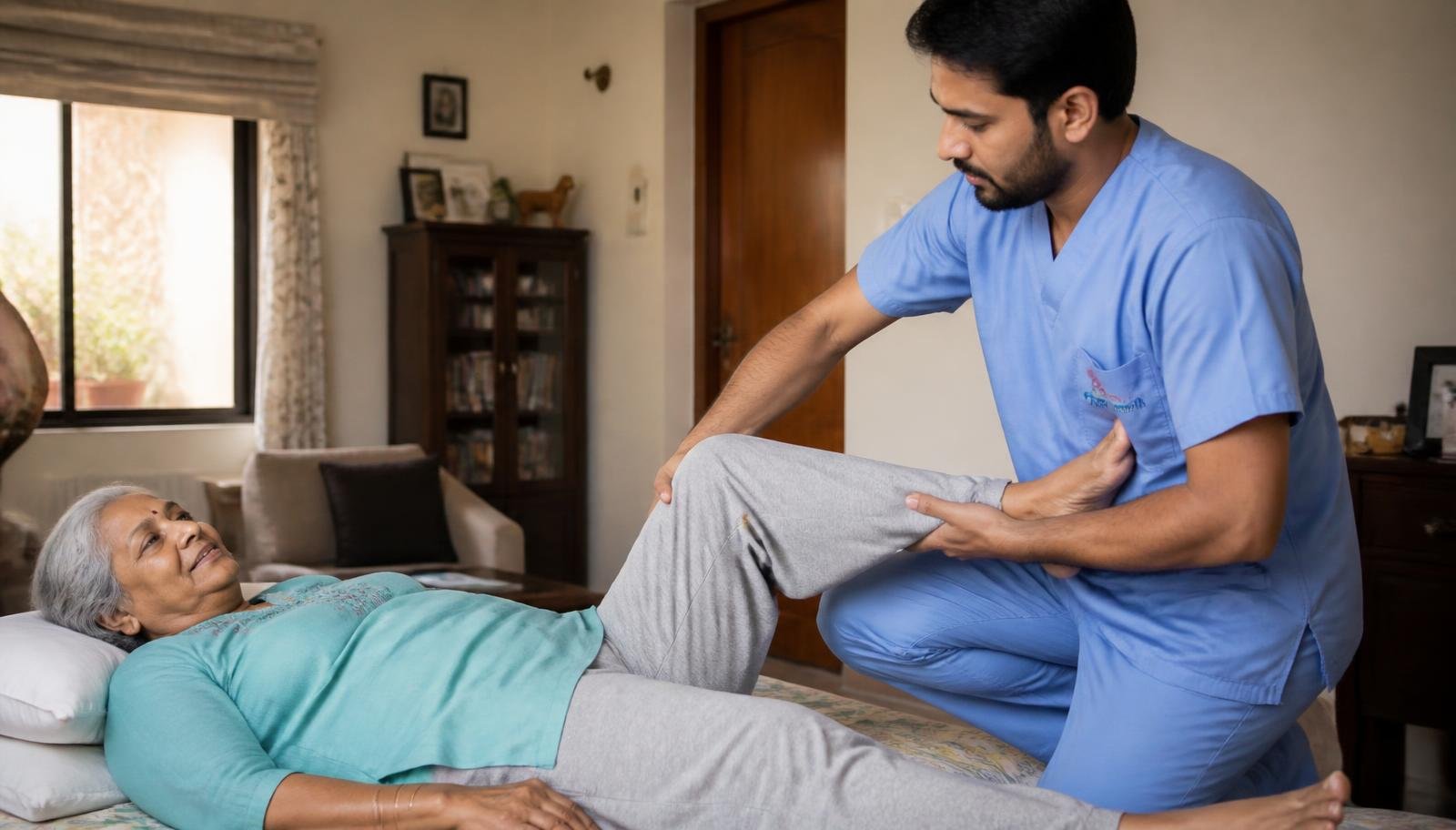 Physiotherapist guiding a patient through exercises during a home visit in Indirapuram